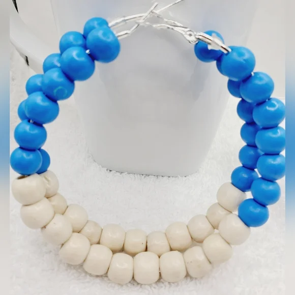 Large hoop earrings, large wooden bead earrings, earrings with blue and white3.0 - Picture 4 of 9